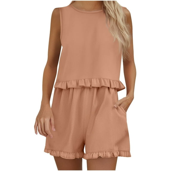 Xugsiok 2 Piece Sets for Women Summer Sleeveless Round Neck Top Sweatsuit Shorts Sets Jogger Tracksuit Sets Casual Workout Outfits Fashion Two Piece Sets for Vacation Running Gym Travel Outfits