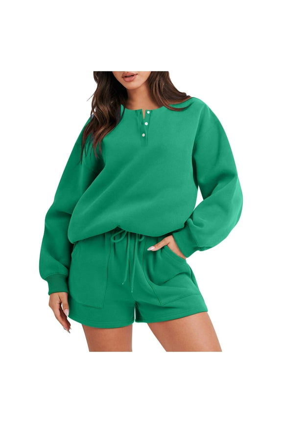 Amvlyk 2 Piece Sets for Women V-Neck Button Down Long Sleeve Sweatshirt Pullover Tops and Shorts Sweatsuit Sets Workout Lounge Suits Two Piece Sets for Vacation Walking Work Going Out
