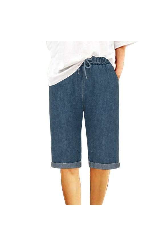 Bermuda Jean Shorts for Women Trendy Elastic Waist Jean Shorts with Pockets Knee Length Casual Summer Drawstring Stretchy Denim Shorts for Shopping Date Work Vacation
