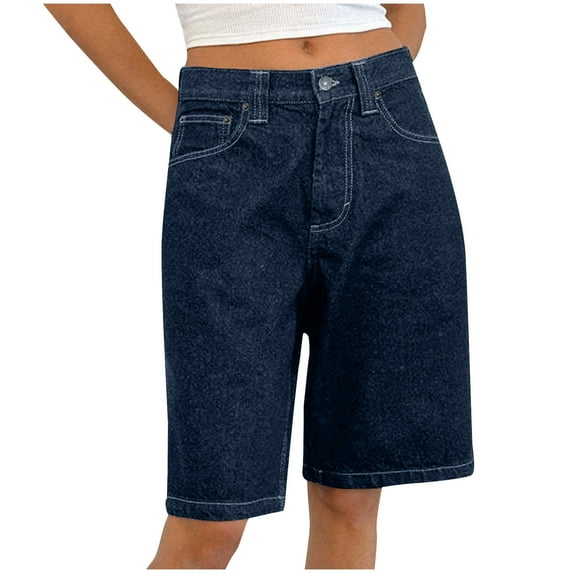 Amvlyk Bermuda Jeans Shorts for Women Trendy Zipper with Pockets Lounge Shorts Solid Color High Waist Button Knee-Length Athletic Shorts Lightweight Loose Shorts for Summer Walking Running