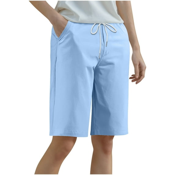 Amvlyk Bermuda Shorts for Women Summer Wide Leg Mid-Length High Waisted Pants with Pocket Solid Color Elastic Waist Sporty Lightweight Loose Running Shorts for Workout Casual Lounge Athletic Shorts