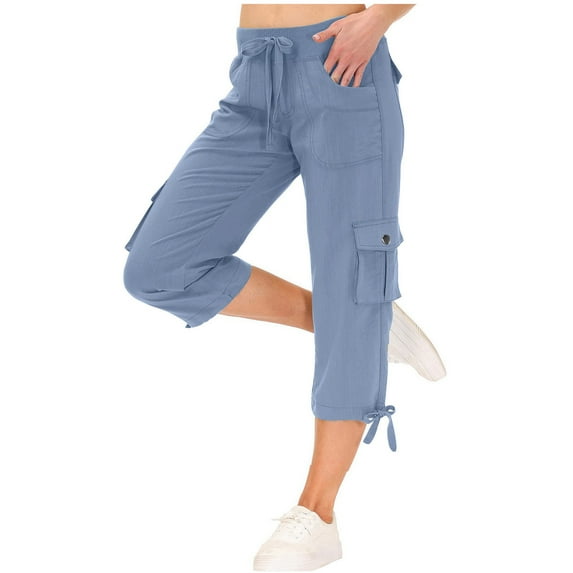 Amvlyk Cargo Pants for Women Elastic High Waist Quick Dry Hiking Pants with Pockets Lightweight Breathable Drawstring Capri Pants Joggers Workout Pants for Vacation Camping Travel Outdoor
