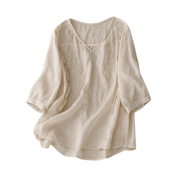 Xugsiok Cotton Linen Shirts for Women V Neck 3/4 Sleeve Casual Blouse Printed Summer Tunic Tops for Business Trendy Beach Vacation Outfits Work Blouses Clothes