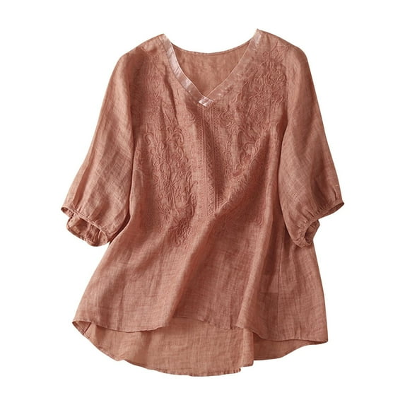 Amvlyk Cotton Linen Shirts for Women V Neck 3/4 Sleeve Casual Blouse Printed Summer Tunic Tops for Business Trendy Beach Vacation Outfits Work Blouses Clothes