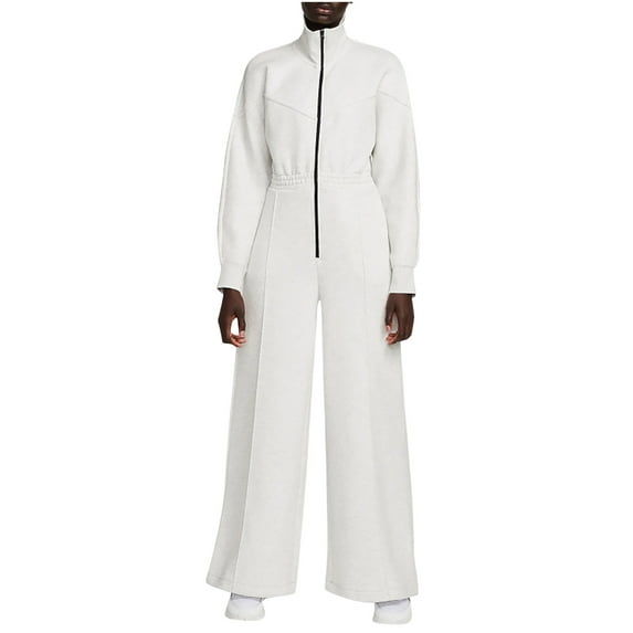 Amvlyk Jumpsuits for Women Summer Long Sleeve Zipper Rompers Comfortable Workout Wide Leg Long Pants Casual Solid Color Loose Overalls with Pockets for Trendy Beach Vacation Outfits