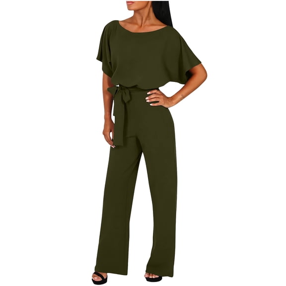 UNITWRY Jumpsuits for Women Summer Short Sleeve Tie Rompers Comfortable Workout Wide Leg Long Pants Casual Solid Color Loose Overalls with Pockets for Trendy Beach Vacation Outfits