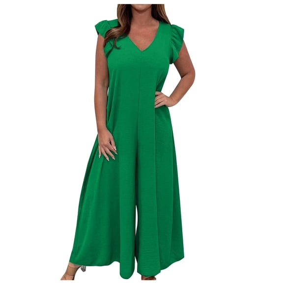 Amvlyk Jumpsuits for Women Summer Sleeveless Ruffle Rompers Comfortable Workout Wide Leg Long Pants Casual Solid Color Loose Overalls with Pockets for Trendy Beach Vacation Outfits