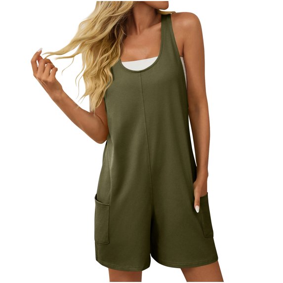 Amvlyk Jumpsuits for Women Summer Sleeveless Wide Shoulder Straps Short Rompers Comfortable Suspender Shorts Casual Solid Color Overalls Pants with Pockets for Trendy Beach Vacation Outfits
