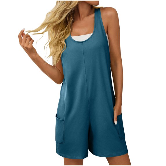 Amvlyk Jumpsuits for Women Summer Sleeveless Wide Shoulder Straps Short Rompers Comfortable Suspender Shorts Casual Solid Color Overalls Pants with Pockets for Trendy Beach Vacation Outfits