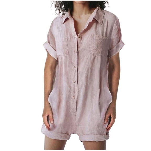 UNITWRY Linen Jumpsuits for Women Summer Short Sleeve Lapel Neck Short Rompers Comfortable Workout Suspender Shorts Casual Solid Color Loose Overalls Pant with Pockets for Beach Vacation Outfits