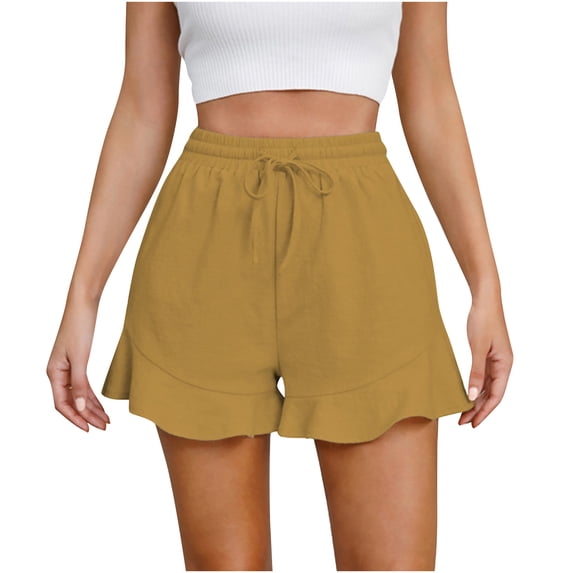 Xugsiok Linen Shorts for Women Elastic Waist Drawstring Casual Shorts with Pockets Solid Color Ruffle Athletic Shorts Lightweight Slim Shorts for Running Yoga Gym Workout