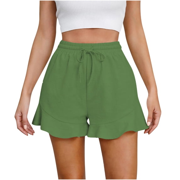 UNITWRY Linen Lounge Shorts for Women Elastic Waist Drawstring Casual Shorts with Pockets Solid Color Ruffle Athletic Shorts Lightweight Slim Shorts for Running Yoga Gym Workout