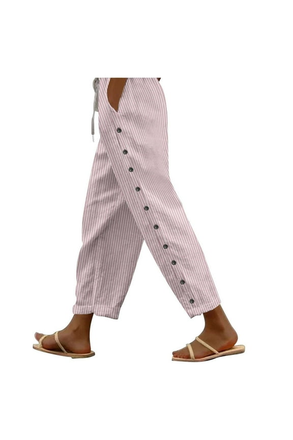 Linen Pants for Women Solid Color Drawstring Elastic High Waist Pants Fashion Side Button Down Casual Striped Trendy Straight Pants with Pockets Slim Loose Flowy Beach Travel Vacation Pants