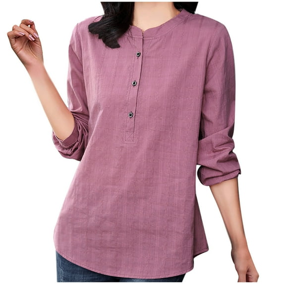 Amvlyk Long Sleeve Shirts for Women Linen Crewneck Loose Pullover Blouses Solid Lightweight Button Down Casual T-Shirts Spring Basic tops Clothes Comfy Fall Fashion Outfits 2025