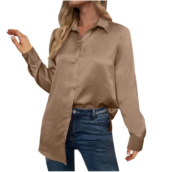 Amvlyk Long Sleeve Shirts for Women Silk Stain Lapel Blouses Solid Casual Loose Button Down Smoothing T-Shirts Spring Business Side Split tops Clothes Comfy Fall Fashion Outfits 2025