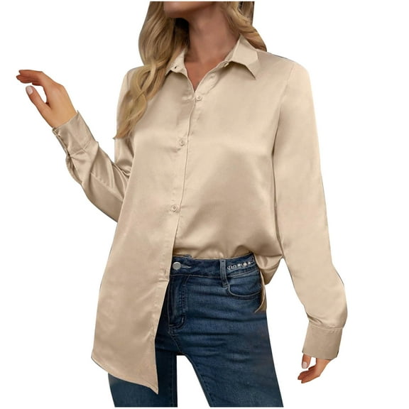 Amvlyk Long Sleeve Shirts for Women Silk Stain Lapel Blouses Solid Casual Loose Button Down Smoothing T-Shirts Spring Business Side Split tops Clothes Comfy Fall Fashion Outfits 2025