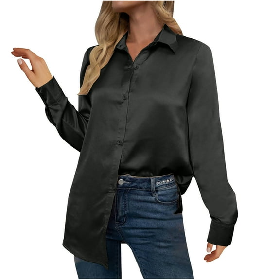 Amvlyk Long Sleeve Shirts for Women Silk Stain Lapel Blouses Solid Casual Loose Button Down Smoothing T-Shirts Spring Business Side Split tops Clothes Comfy Fall Fashion Outfits 2025