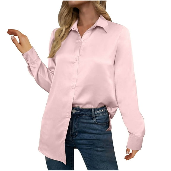 Amvlyk Long Sleeve Shirts for Women Silk Stain Lapel Blouses Solid Casual Loose Button Down Smoothing T-Shirts Spring Business Side Split tops Clothes Comfy Fall Fashion Outfits 2025