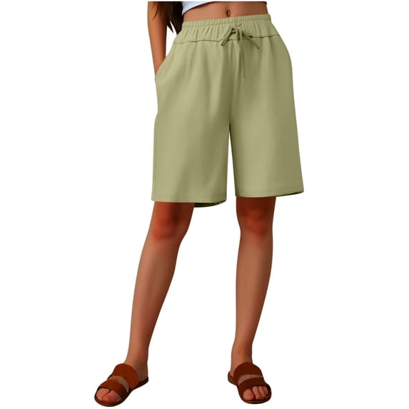 UNITWRY Lounge Shorts for Women Mid-Length Elastic Waist Short Pants with Pocket Solid Color Cotton Linen Athletic Shorts Loose Running Shorts for Workout Casual Lounge Exercise