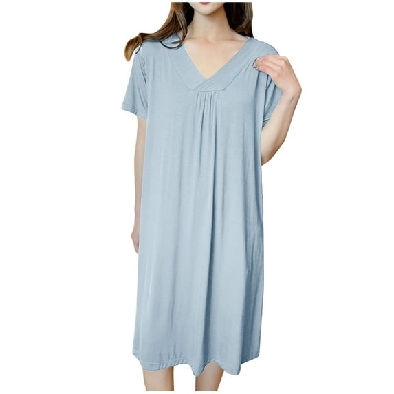 UNITWRY Modal Sleepshirts for Women Nightgown Pleated Front Sleepwear Below The Knee Short Sleeve Nightshirt Solid Color V-Neck Nightdress Loose Loungewear Casual House Dress Home Wear Pajamas