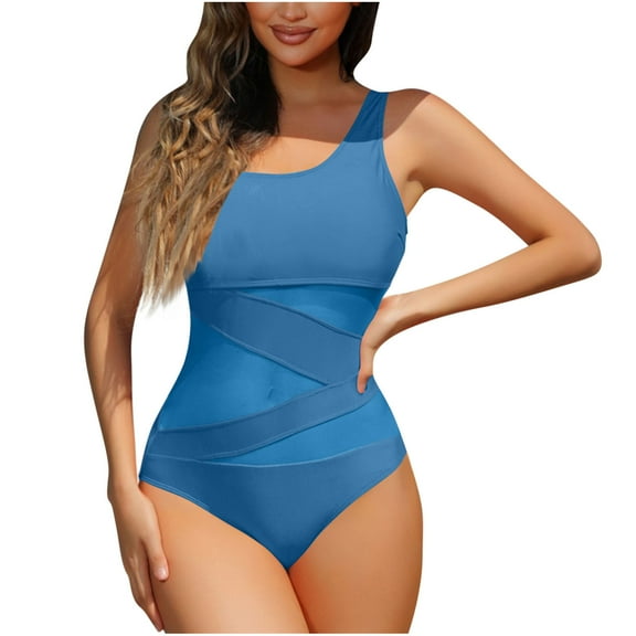 Amvlyk One Piece Swimsuit for Women Slimming One Shoulder Mesh Bathing Suits with Chest Pads Backless Swimwear with Adjustable Spaghetti Straps for Athletic Training Beachwear Swimming Suits