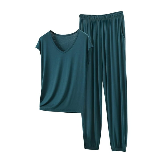 Amvlyk Pajama Set for Women Modal 2 Piece Lounge Pjs Short Sleeve Tops Soft Elastic Wide Leg Sweatpants Casual Breathable Sleepwear Fashion Two Piece Lounge Sets for Homewear Travel Outfits