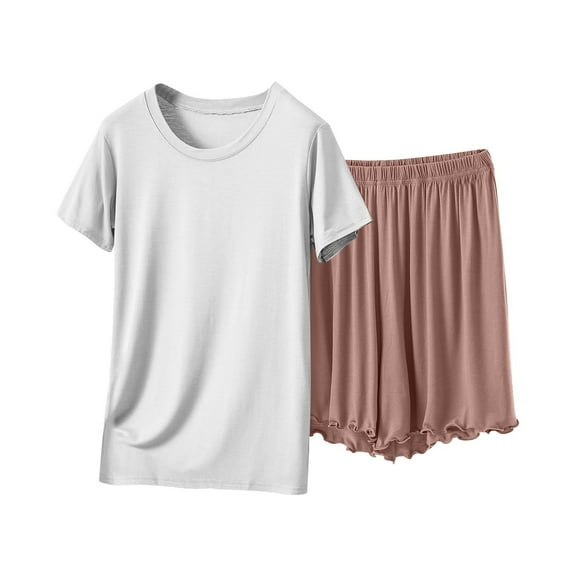 UNITWRY Pajama Set for Women Modal Plus Size 2 Piece Lounge Pjs Round Neck 3/4 Sleeve Tops Soft Elastic Shorts Casual Sleepwear Fashion Two Piece Lounge Sets for Homewear Travel Outfits