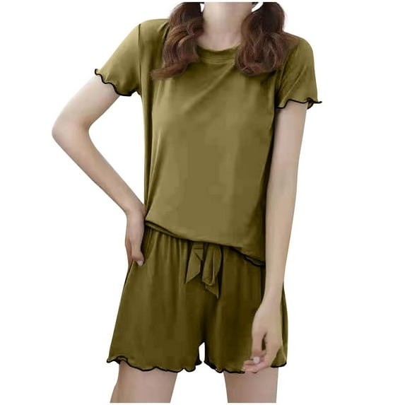 Xugsiok Pajama Set for Women Plus Size 2 Piece Pjs Round Neck Short Sleeve Tops Soft Elastic Shorts Casual Sleepwear Fashion Two Piece Sets for Homewear Travel Outfits