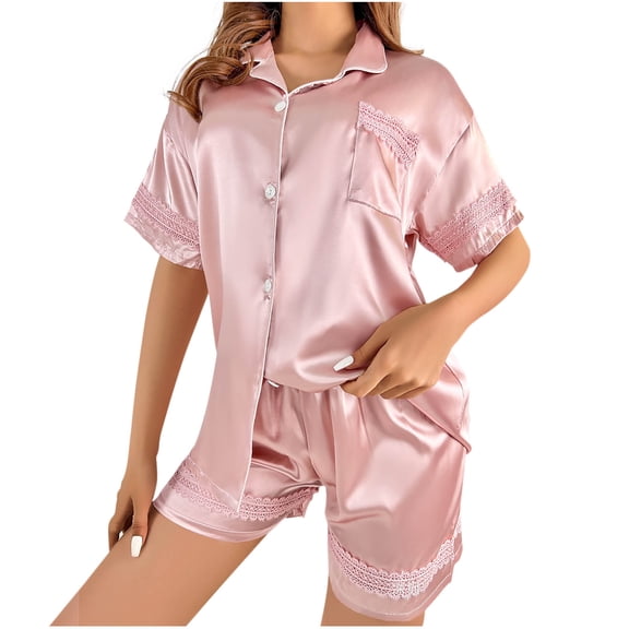Amvlyk Pajamas Set for Women 2 Piece PJ Sets Lapel Neck Button Down Short Sleeve Top with Wide Legs Shorts Solid Color Loose Loungewear for Summer Sleepwear Causal Home Clothes Sleep Nightwear