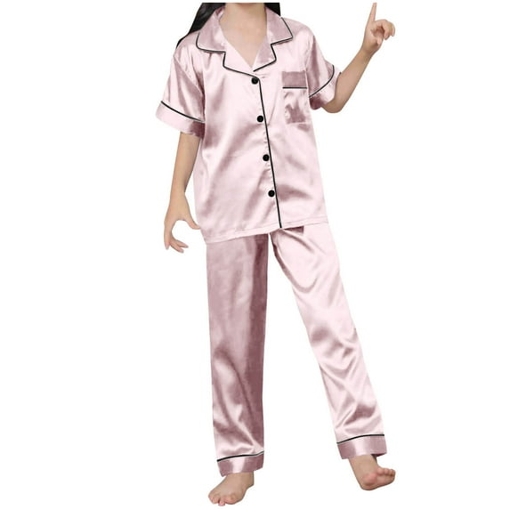 Amvlyk Pajamas Set for Women 2 Piece PJ Sets Lapel Neck Silk Stain Button Down Short Sleeve Top with Wide Legs Long Pants Solid Color Loungewear for Summer Sleepwear Causal Home Clothes Nightwear