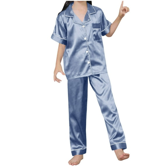 Amvlyk Pajamas Set for Women 2 Piece PJ Sets Lapel Neck Silk Stain Button Down Short Sleeve Top with Wide Legs Long Pants Solid Color Loungewear for Summer Sleepwear Causal Home Clothes Nightwear