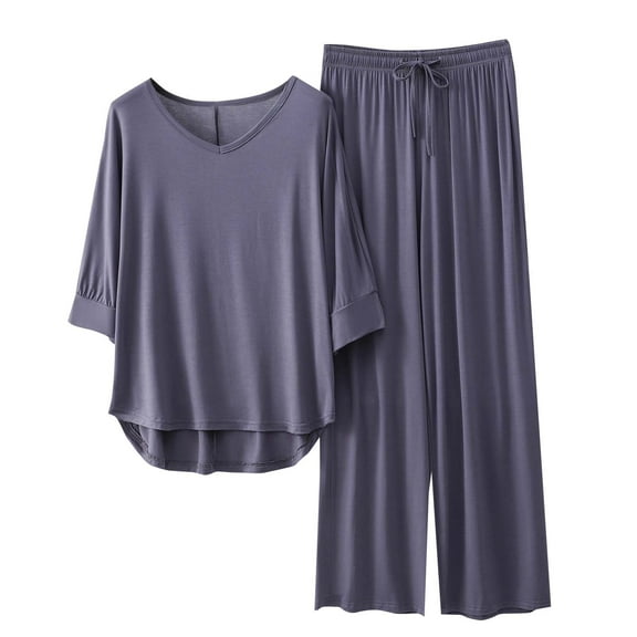 Amvlyk Pajamas Set for Women 2 Piece PJ Sets Modal 3/4 Sleeve V-Neck T-Shirt Loungewear with Long Wide Legs Pants Solid Color Pleated Top for Summer Sleepwear Causal Home Clothes Sleep Nightwear