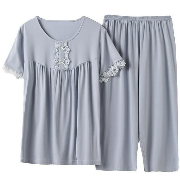 Xugsiok Pajamas Set for Women 2 Piece PJ Sets Modal Short Sleeve Round Neck Loungewear with Wide Legs Capri Pants Solid Color Pleated Front Lace Top for Summer Sleepwear Causal Home Clothes Sleep