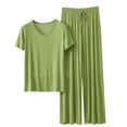 thumbnail image 1 of Amvlyk Pajamas Set for Women 2 Piece PJ Sets Modal Short Sleeve V-Neck T-Shirt Loungewear with Long Wide Legs Pants Solid Color Pleated Top for Summer Sleepwear Causal Home Clothes Sleep Nightwear, 1 of 3
