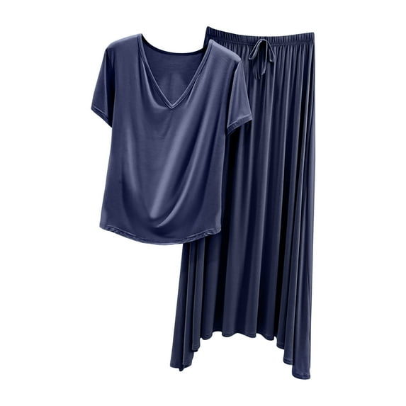 Xugsiok Pajamas Set for Women 2 Piece PJ Sets Modal V-Neck Solid Color Short Sleeve Top with Drawstring Pleated Skirt Loose Loungewear for Summer Sleepwear Causal Home Clothes Sleep Nightwear