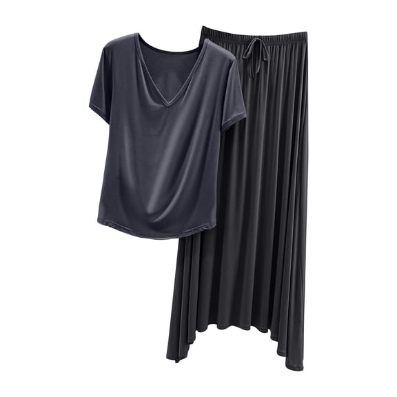 Amvlyk Pajamas Set for Women 2 Piece PJ Sets Modal V-Neck Solid Color Short Sleeve Top with Drawstring Pleated Skirt Loose Loungewear for Summer Sleepwear Causal Home Clothes Sleep Nightwear