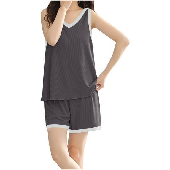 Amvlyk Pajamas Set for Women 2 Piece PJ Sets Plus Size Round Neck Sleeveless Tank Top with Built In Bra with Wide Legs Shorts Solid Color Loungewear for Summer Causal Home Clothes Sleep Nightwear