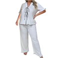 thumbnail image 1 of UNITWRY Pajamas Set for Women 2 Piece PJ Sets Plus Size V-Neck Solid Color Short Sleeve Loungewear Top with Wide Legs Long Pants for Summer Sleepwear Causal Home Clothes Sleep Nightwear Outfits, 1 of 5