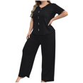 thumbnail image 1 of UNITWRY Pajamas Set for Women 2 Piece PJ Sets Plus Size V-Neck Solid Color Short Sleeve Loungewear Top with Wide Legs Long Pants for Summer Sleepwear Causal Home Clothes Sleep Nightwear Outfits, 1 of 4