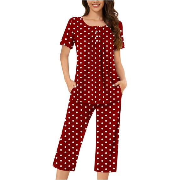 Xugsiok Pajamas Set for Women 2 Piece PJ Sets Round Neck Button Down Short Sleeve Top with Capri Wide Legs Shorts Printed Loungewear for Summer Sleepwear Causal Home Clothes Sleep Nightwear Outfits