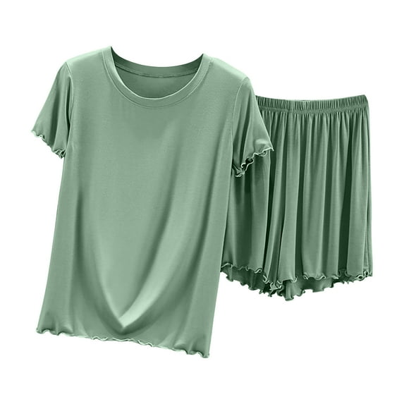 Amvlyk Pajamas Set for Women 2 Piece PJ Sets Round Neck Short Sleeve T-Shirt with High Waist Shorts Solid Color Loungewear for Summer Sleepwear Causal Home Clothes Sleep Nightwear Outfits