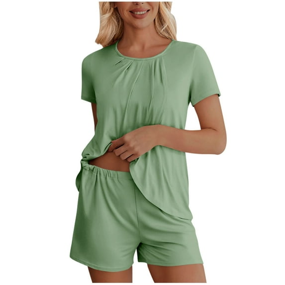 Xugsiok Pajamas Set for Women 2 Piece PJ Sets Round Neck Short Sleeve Top with Elastic Waist Shorts Solid Color Pleated Loungewear for Summer Sleepwear Causal Home Clothes Sleep Nightwear Outfits