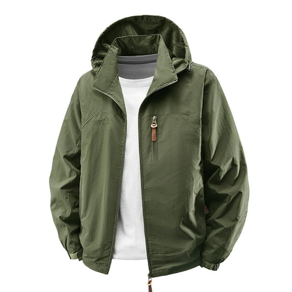 Xugsiok Rain Coat for Men Waterproof Windbreaker Packable Hooded Shell Jacket with Pockets Soft Warm Long Sleeve Zip Up Lightweight Casual Solid Rain Jackets for Hiking Travel Outdoor Sports
