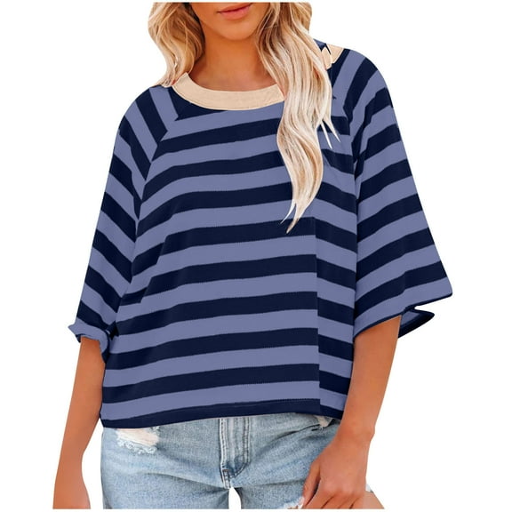 Amvlyk Shirts for Women V Neck 3/4 Sleeve Pullover Blouse Tops Casual Loose Striped Comfy T-Shirts Fall Clothes Fashion Lightweight 2025 Trendy Outfits for Vacation Travel
