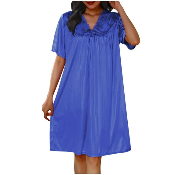 Amvlyk Sleepshirts for Women Ice Silk Nightgown Short Sleeve Short Nightshirt V-Neck Solid Color Nightdress Loose Loungewear Casual Sleepwear House Dress Home Wear Pajamas
