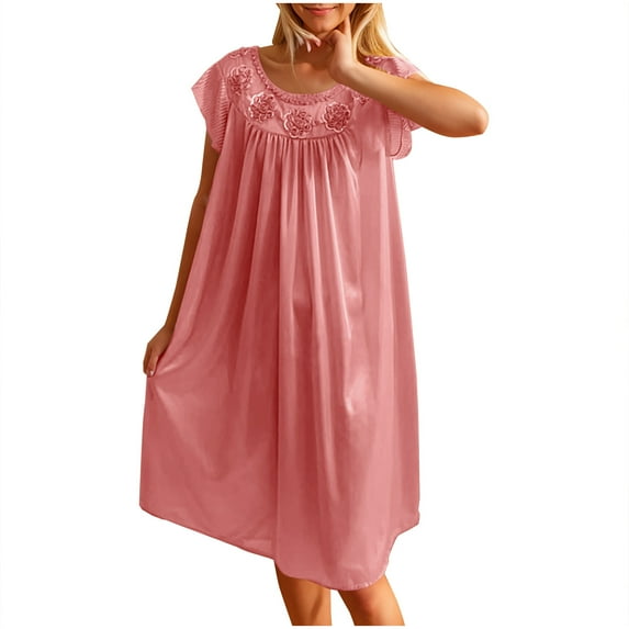 Amvlyk Sleepshirts for Women Plus Size Lace Ice Silk Nightgown Mid-Length Short Sleeve Nightshirt Solid Color Round-Neck Nightdress Loose Loungewear Casual Sleepwear House Dress Home Wear Pajamas