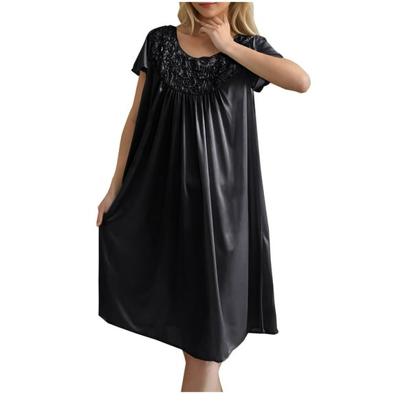 Amvlyk Sleepshirts for Women Plus Size Lace Ice Silk Nightgown Mid-Length Short Sleeve Nightshirt Solid Color Round Neck Nightdress Loose Loungewear Casual Sleepwear House Dress Home Wear Pajamas