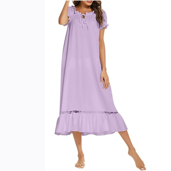 Amvlyk Sleepshirts for Women Ruffle Nightgown Below The Knee Nightwear Short Sleeve Nightshirt Round Neck Soliid Color Nightdress Loose Loungewear Casual Sleepwear House Dress Home Wear Pajamas