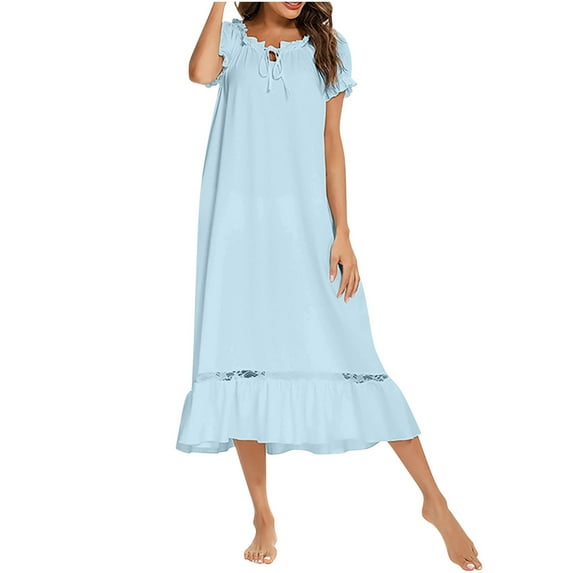 Amvlyk Sleepshirts for Women Ruffle Nightgown Below The Knee Nightwear Short Sleeve Nightshirt Round Neck Soliid Color Nightdress Loose Loungewear Casual Sleepwear House Dress Home Wear Pajamas