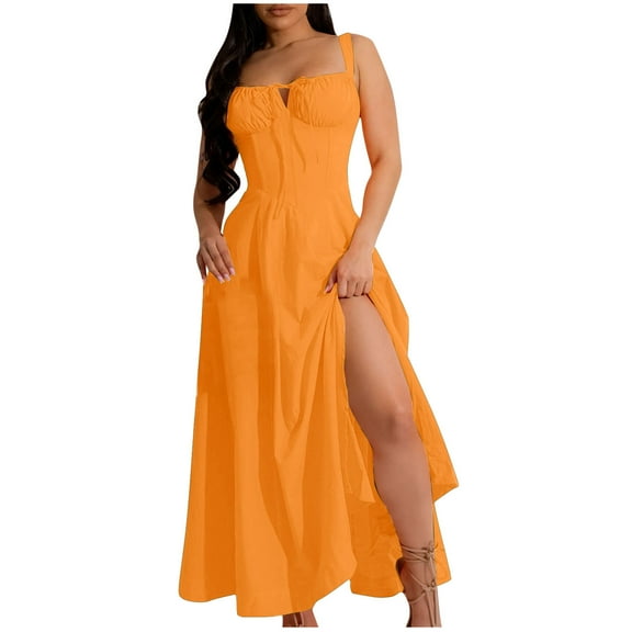 Amvlyk Summer Dresses for Women 2043 Solid Color Tea Length Adjustable Straps Casual Dress Pleated Vacation Dress Tie Dresses for Going Out Beach Date Vacation